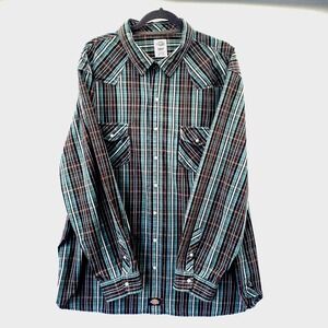Vintage DICKIES 3XT Green Brown Plaid Pearl Snap Western Long Sleeve Mens Shirt